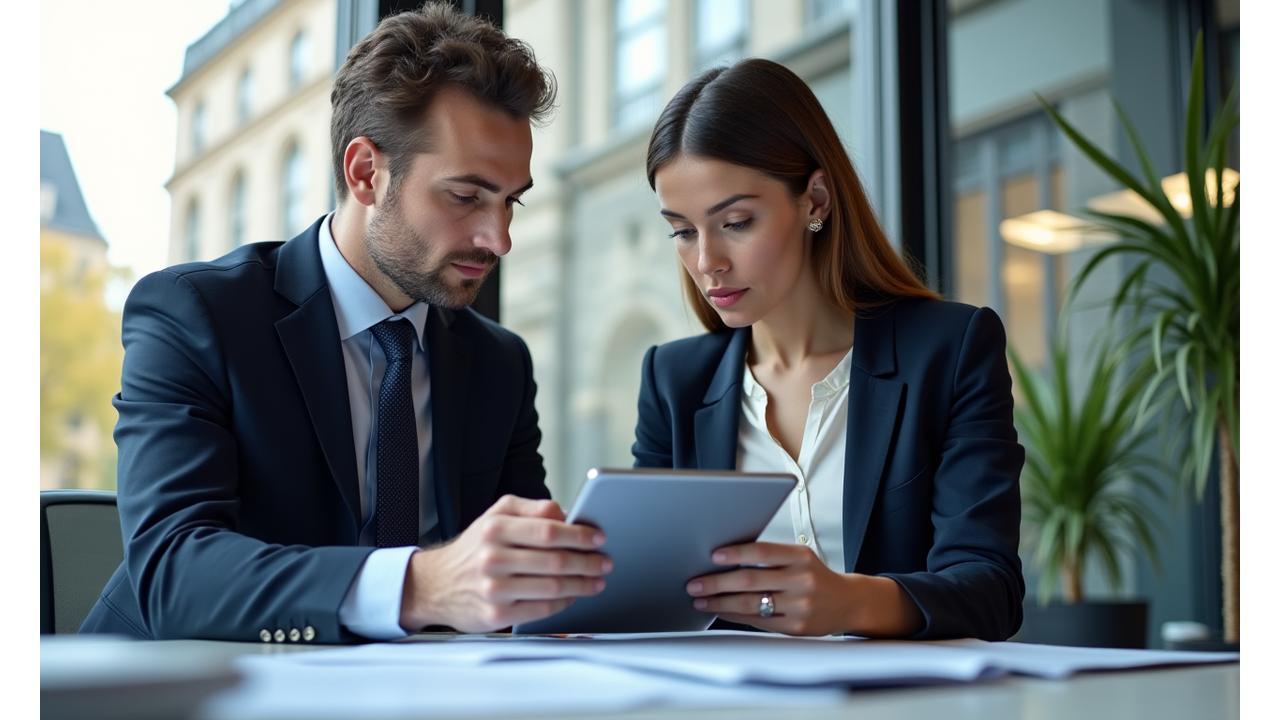 Professionnels du droit d'Atlas Conseil examinant des documents juridiques complexes dans un bureau moderne de Paris, symbolisant l'expertise et la collaboration.