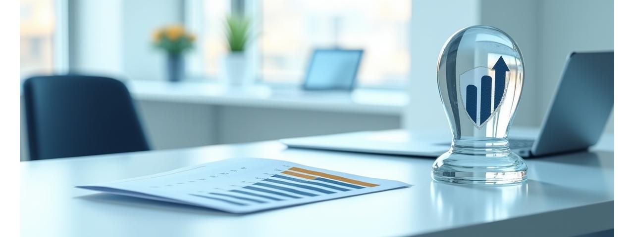 Illustration de symboles de succès comme un trophée, un graphique en hausse et un bouclier, représentant les réussites clients d'Atlas Conseil.