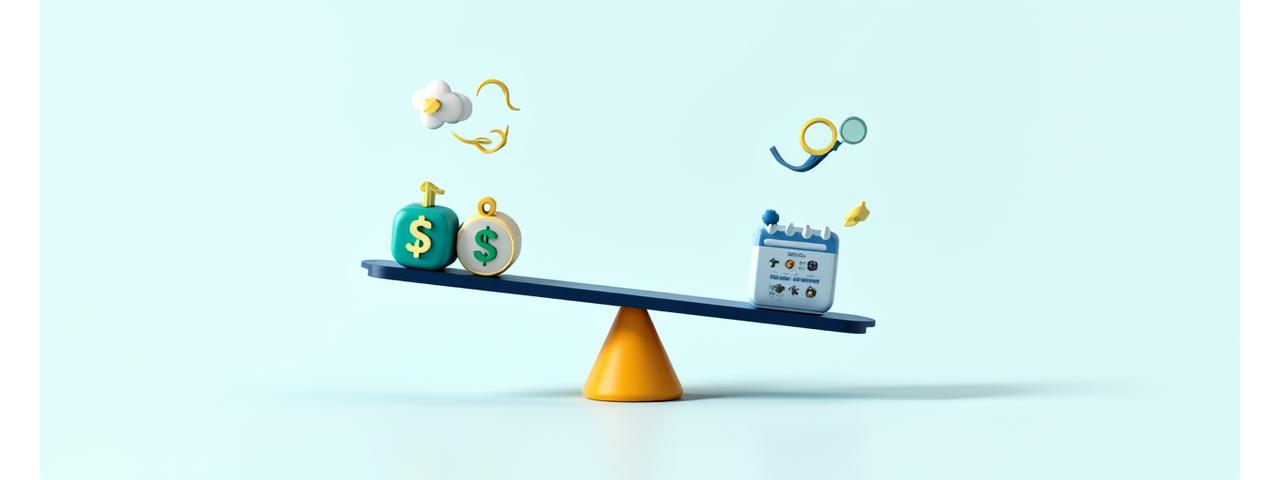 Illustration moderne et épurée de différentes options tarifaires avec des symboles de flexibilité et de transparence, comme une balance équilibrée et des icônes d'horloge pour le temps passé.
