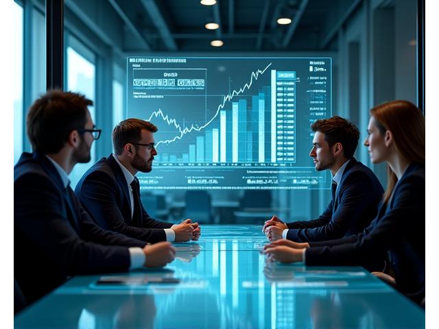 Illustration d'un groupe de managers autour d'une table de négociation avec des graphiques financiers