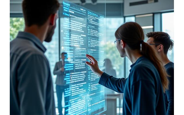 Représentation d'une startup dynamique, équipe travaillant sur des écrans, concepts futuristes