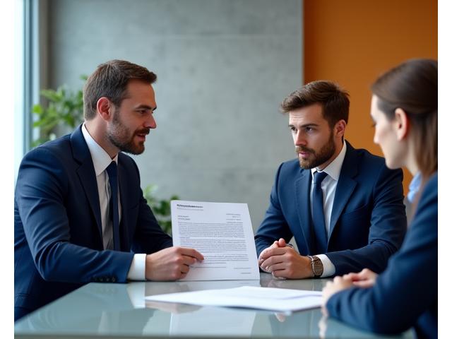 Photo d'un avocat expliquant un détail juridique complexe à son client, symbolisant la résolution des litiges