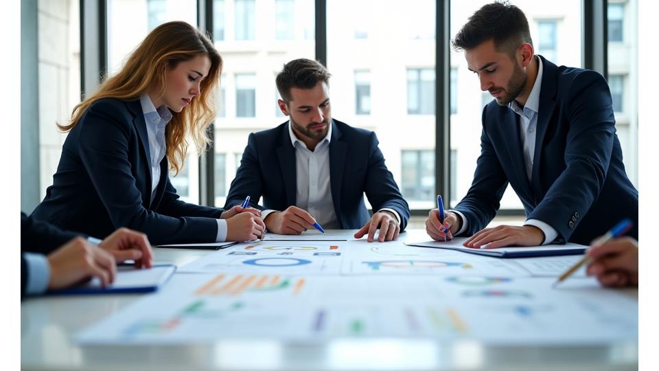 Illustration d'une équipe de consultants analysant des documents et des diagrammes, symbolisant un audit approfondi.