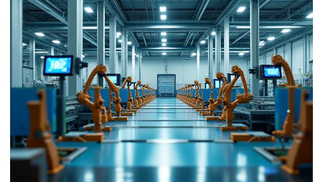 Illustration d'une usine moderne et numérisée, montrant l'automatisation des processus.